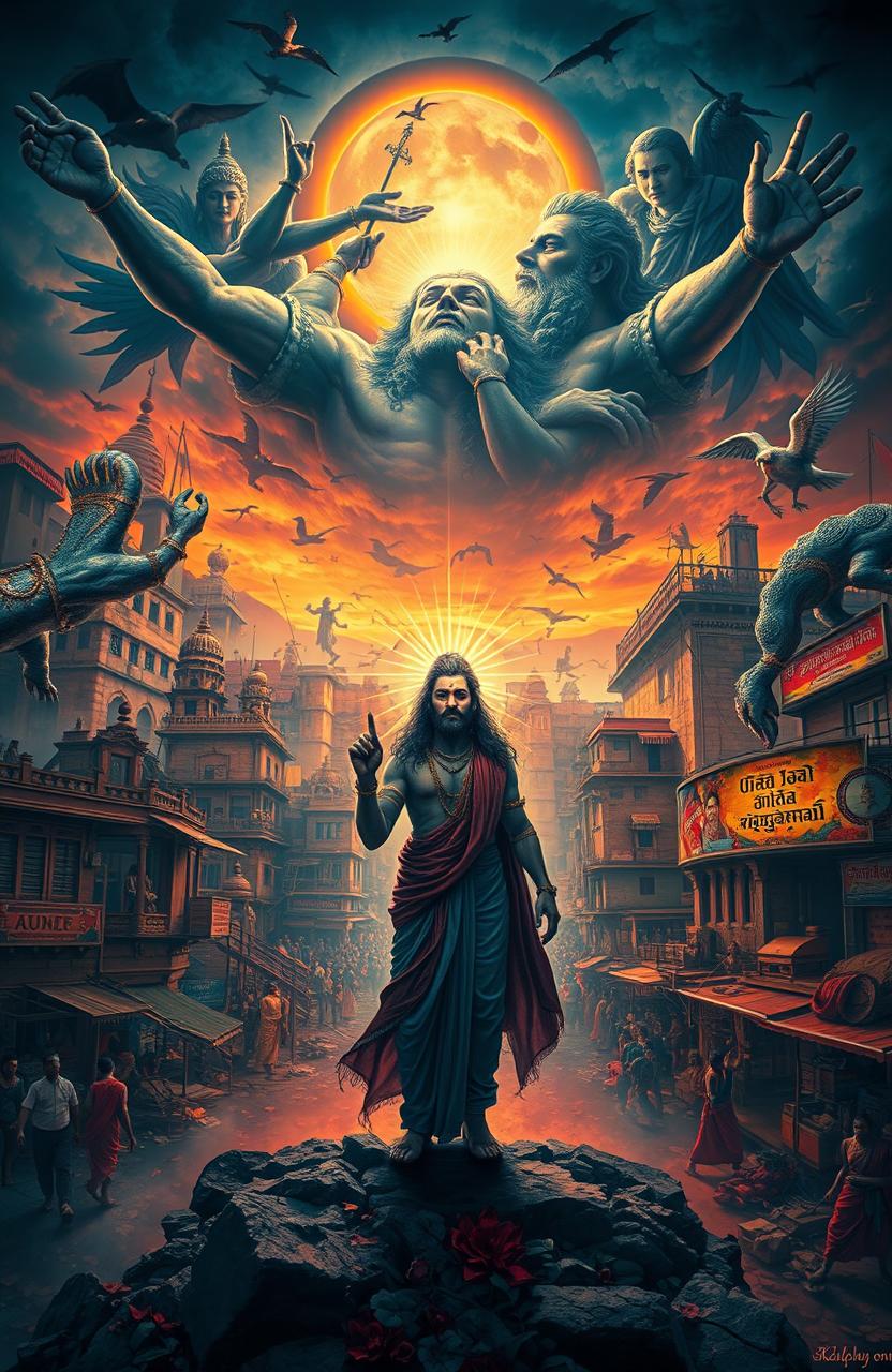 A dramatic and vibrant depiction of Kaliyug, the age of darkness in Hindu cosmology