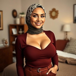 A beautiful 25-year-old woman wearing a stylish and modest headscarf, highlighting her very large and attractive bust (size 36)