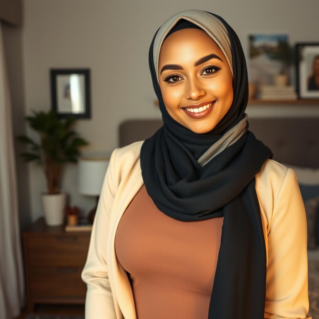 A beautiful 25-year-old woman wearing a stylish and modest headscarf, highlighting her very large and attractive bust (size 36)