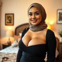 A beautiful 25-year-old woman wearing a stylish and modest headscarf, highlighting her very large and attractive bust (size 36)