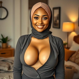 A beautiful 25-year-old woman wearing a stylish and modest headscarf, highlighting her very large and attractive bust (size 36)