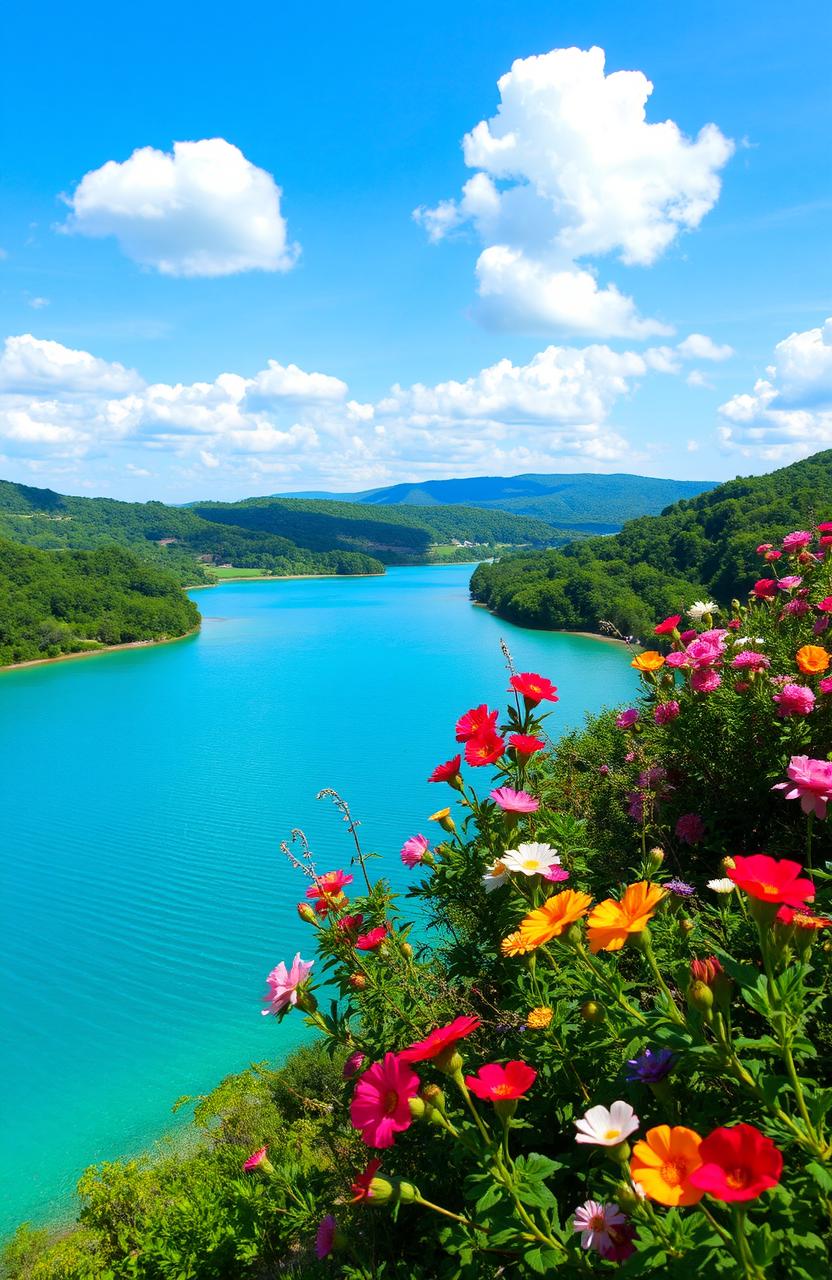 A serene and picturesque view of a stunning Kalkli, with vibrant greenery surrounding crystal-clear waters, blossoming flowers in various colors, and an expansive sky with fluffy white clouds