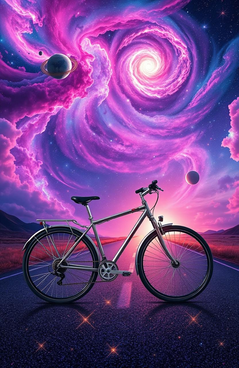 A breathtaking scene featuring a travel bike ride through a vibrant and colorful galaxy