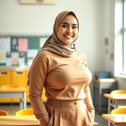 A beautiful 27-year-old woman wearing a stylish headscarf, featuring her very large and attractive bust (size 36)