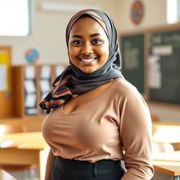 A beautiful 27-year-old woman wearing a stylish headscarf, featuring her very large and attractive bust (size 36)