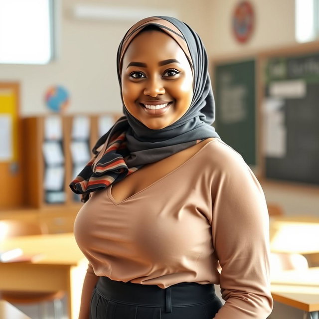 A beautiful 27-year-old woman wearing a stylish headscarf, featuring her very large and attractive bust (size 36)