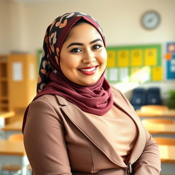 A beautiful 27-year-old woman wearing a stylish headscarf, featuring her very large and attractive bust (size 36)