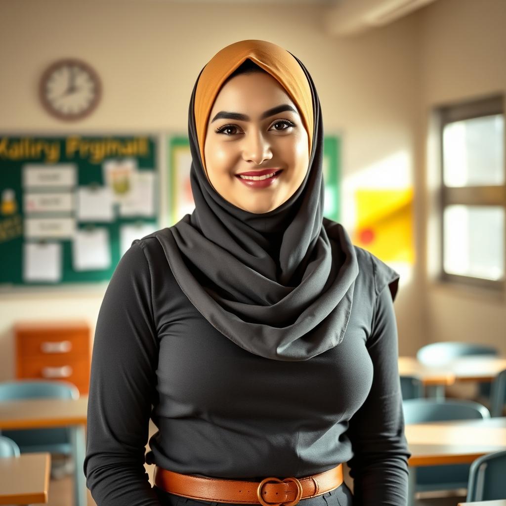 A beautiful 27-year-old woman wearing a stylish headscarf, featuring her very large and attractive bust (size 36)