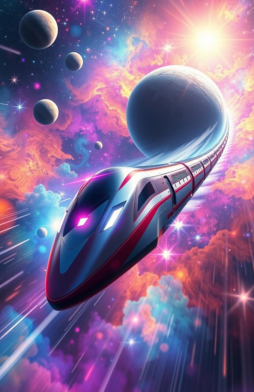 A dynamic scene depicting a futuristic bullet train zooming through a vibrant galaxy, surrounded by colorful nebulae and shining stars