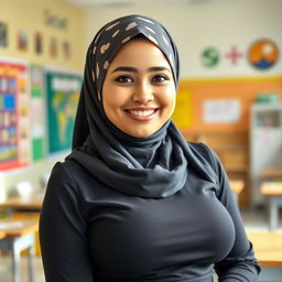 A beautiful 27-year-old woman wearing a fashionable headscarf, showcasing her very large and attractive bust (size 36)