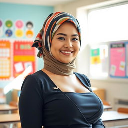 A beautiful 27-year-old woman wearing a fashionable headscarf, showcasing her very large and attractive bust (size 36)