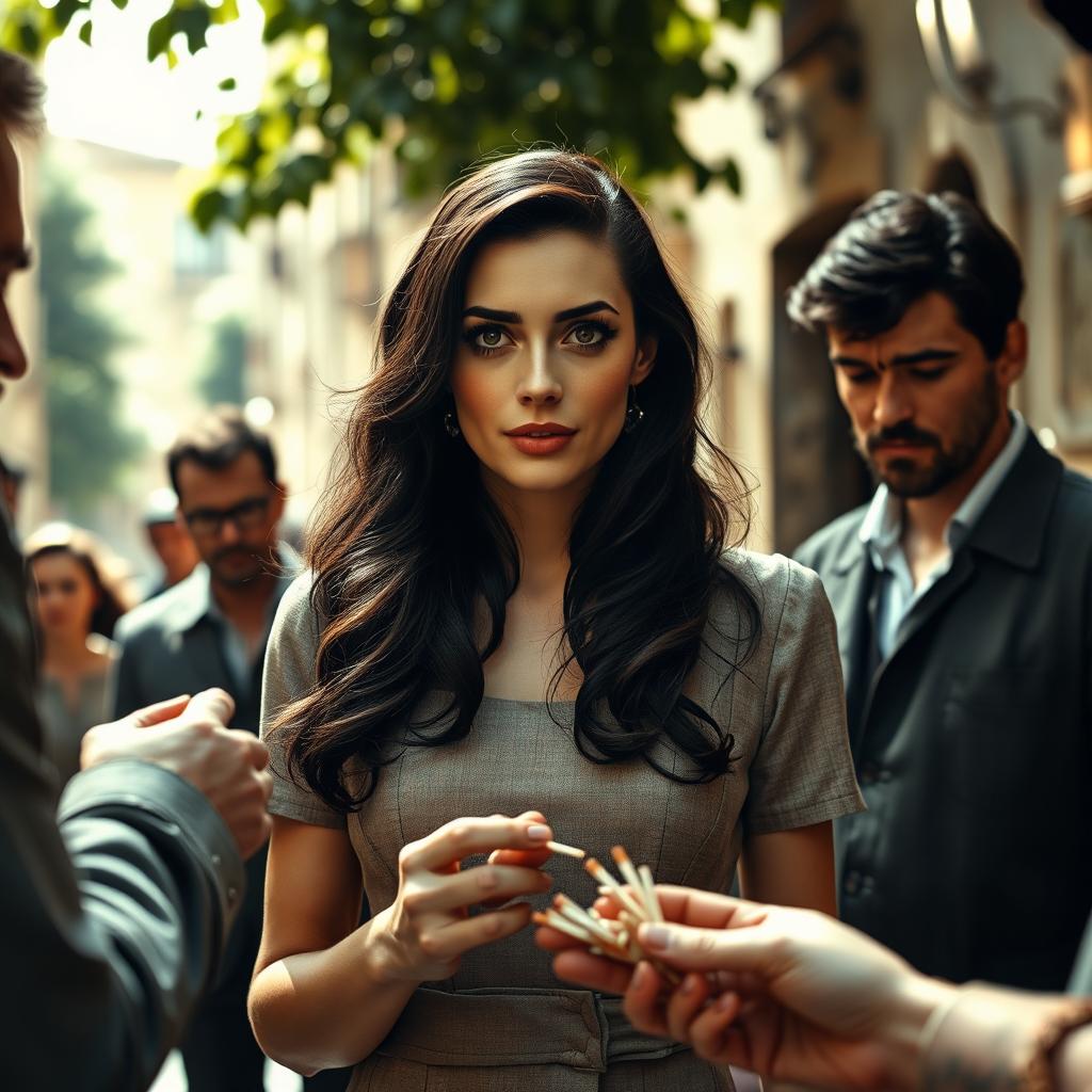 A realistic photograph capturing a stunning moment inspired by the character Malena, played by Monica Bellucci