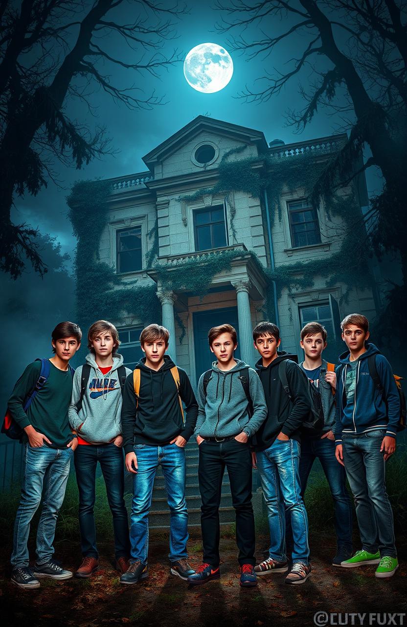 A chilling scene set in an abandoned villa, overgrown with vines and shrouded in a misty atmosphere