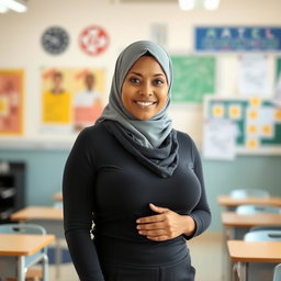 A beautiful 27-year-old woman wearing an elegant headscarf, showcasing her very large and attractive bust (size 36)