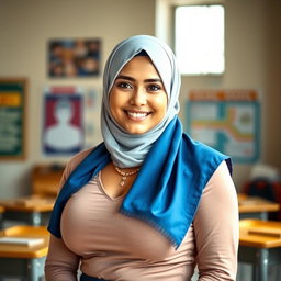 A beautiful 27-year-old woman wearing an elegant headscarf, showcasing her very large and attractive bust (size 36)
