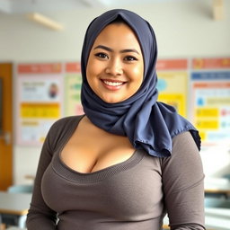 A beautiful 27-year-old woman wearing an elegant headscarf, showcasing her very large and attractive bust (size 36)