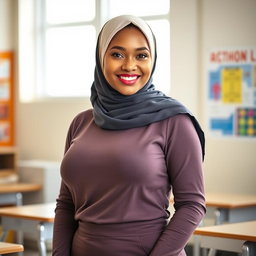 A beautiful 27-year-old woman wearing an elegant headscarf, showcasing her very large and attractive bust (size 36)