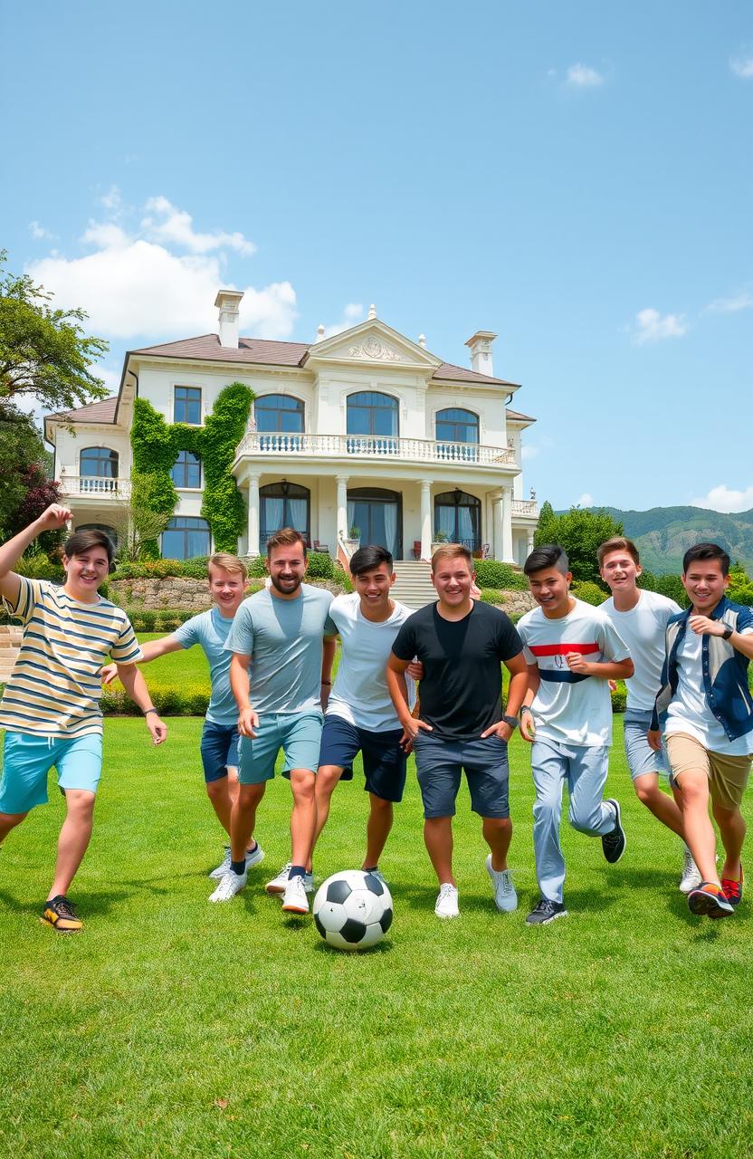 A vibrant scene featuring a beautiful villa set against a picturesque landscape
