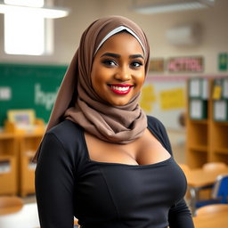 A gorgeous 27-year-old woman wearing an elegant headscarf, showcasing her very large and beautiful bust (size 36)