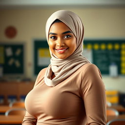 A gorgeous 27-year-old woman wearing an elegant headscarf, showcasing her very large and beautiful bust (size 36)