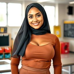 A gorgeous 27-year-old woman wearing an elegant headscarf, showcasing her very large and beautiful bust (size 36)