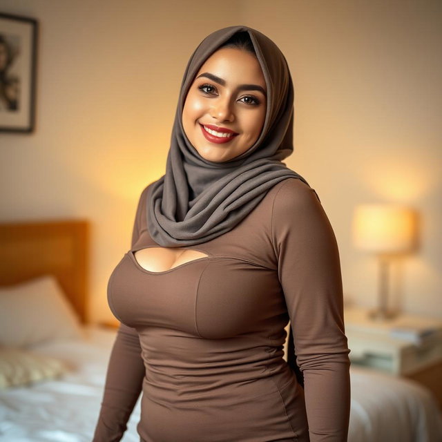 A beautiful 25-year-old woman wearing a hijab, showcasing her attractive and curvaceous figure