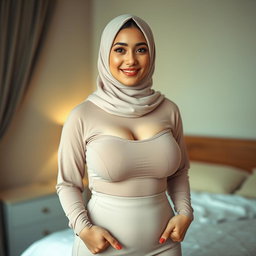 A beautiful 25-year-old woman wearing a hijab, showcasing her attractive and curvaceous figure