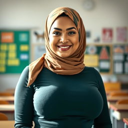 A stunning 27-year-old woman wearing a stylish headscarf, showcasing her very large and beautiful bust (size 36)
