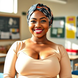 A stunning 27-year-old woman wearing a stylish headscarf, showcasing her very large and beautiful bust (size 36)