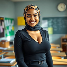 A stunning 27-year-old woman wearing a stylish headscarf, showcasing her very large and beautiful bust (size 36)