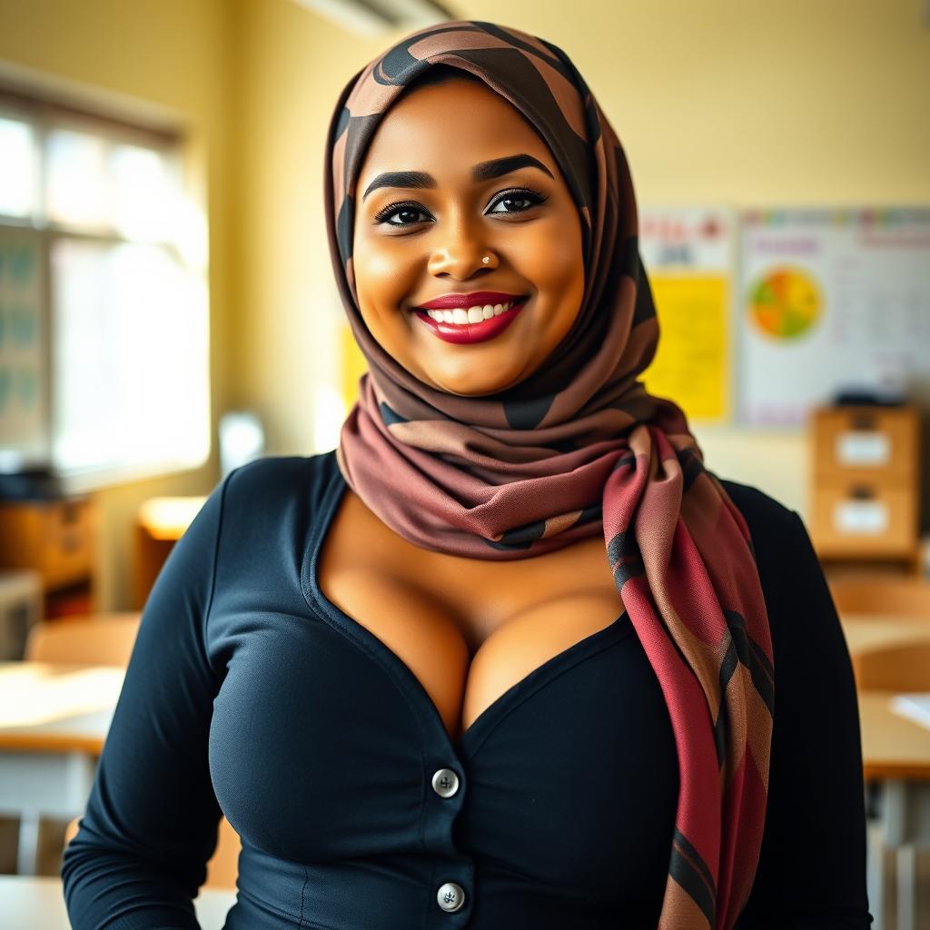 A stunning 27-year-old woman wearing a stylish headscarf, showcasing her very large and beautiful bust (size 36)