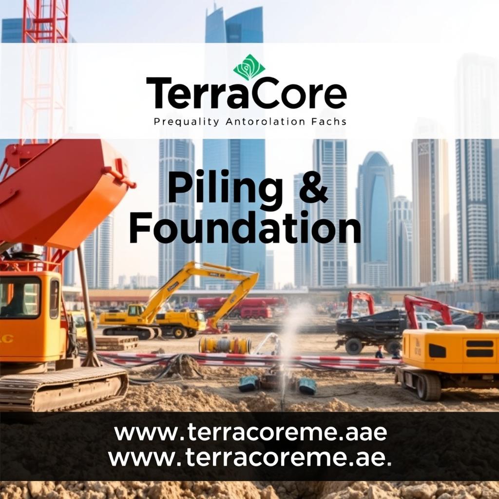 A high-quality cover image for an A4-sized Prequalification brochure, depicting a recent construction project in Dubai focused on dewatering methods