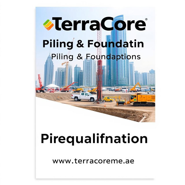 A high-quality cover image for an A4-sized Prequalification brochure, depicting a recent construction project in Dubai focused on dewatering methods