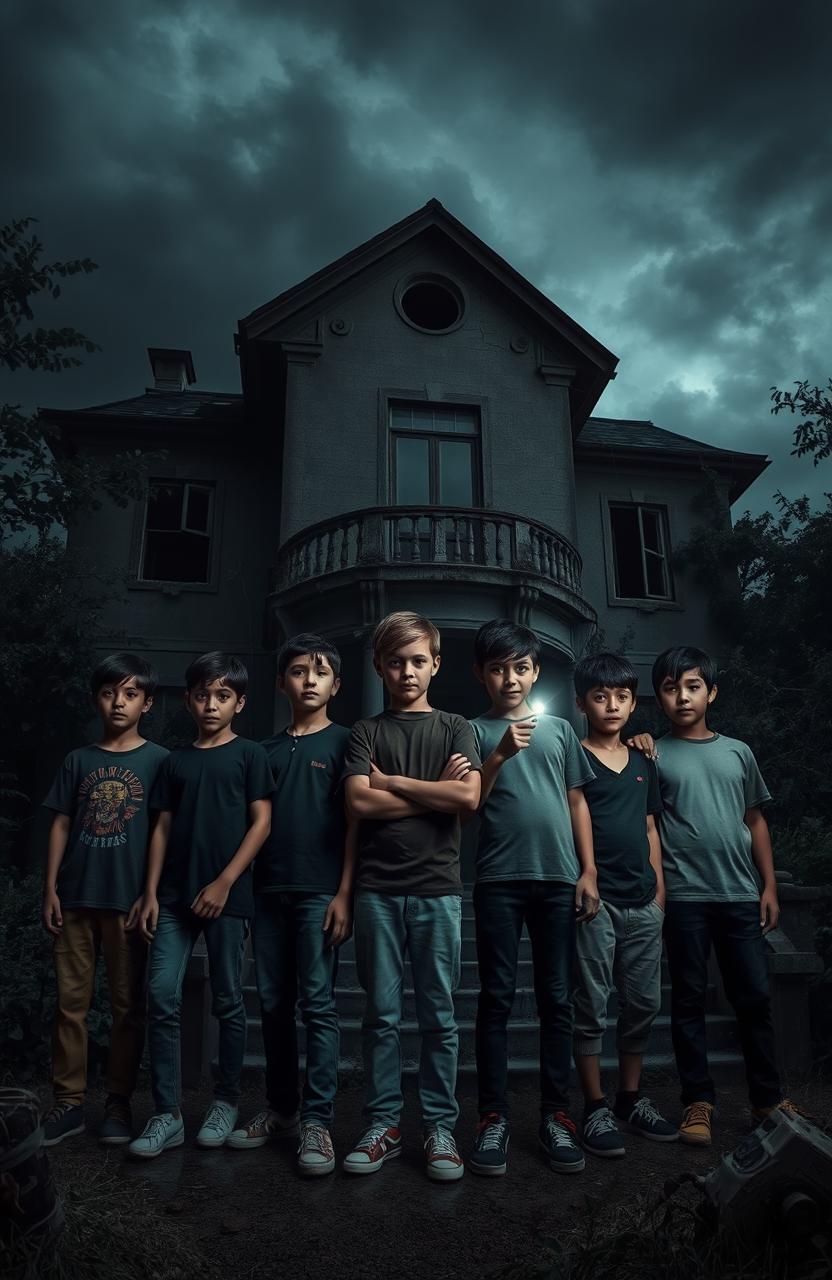 A spooky, abandoned villa set against a dark, stormy sky, with eerie shadows and overgrown vegetation surrounding it