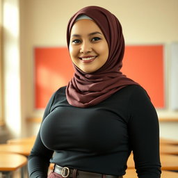 A beautiful 25-year-old woman wearing a hijab, showcasing her large, beautiful, and sexy breasts in a size 36