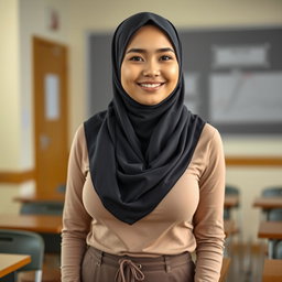 A beautiful 25-year-old woman wearing a hijab, showcasing her large, beautiful, and sexy breasts in a size 36