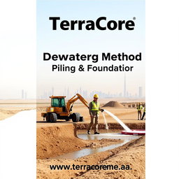 A high-quality front cover image for an A4-sized Prequalification brochure featuring a recent image of Dewatering Method works at a project site in Dubai