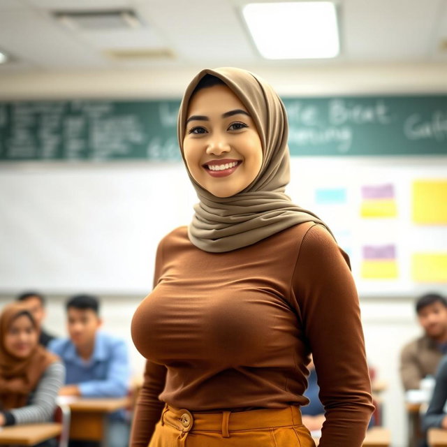 A beautiful 25-year-old woman wearing a hijab, featuring large, beautiful, and sexy breasts in size 36