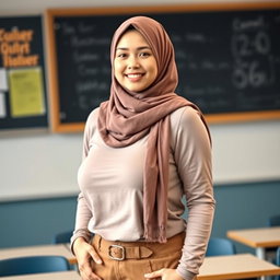 A beautiful 25-year-old woman wearing a hijab, featuring large, beautiful, and sexy breasts in size 36