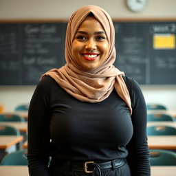 A gorgeous 25-year-old woman wearing a hijab, featuring large, beautiful, and sexy breasts in size 36
