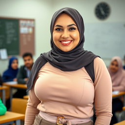 A gorgeous 25-year-old woman wearing a hijab, featuring large, beautiful, and sexy breasts in size 36