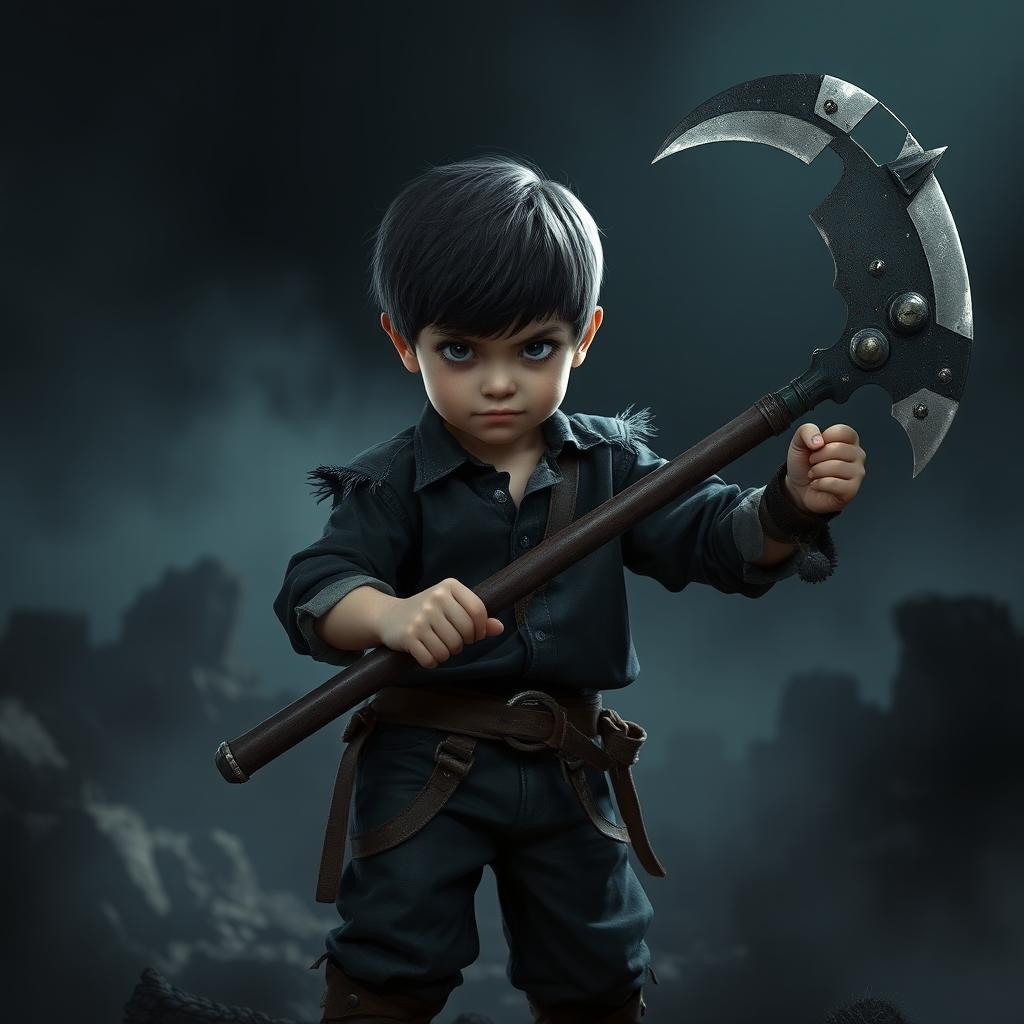 A middle-aged child wearing dark, slightly tattered clothes, including a black shirt with frayed shoulders, rugged pants, and sturdy adventuring shoes