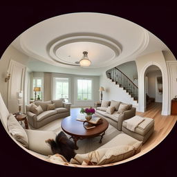 Generate a detailed 360-degree view of a beautifully furnished and decorated home interior.