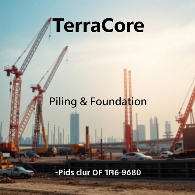 A high-quality front cover image for an A4-sized brochure with a recent image depicting construction equipment and cranes at a Piling works site in Dubai, capturing the dynamic essence of the construction industry