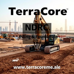 A high-quality cover image for an A4-sized brochure, featuring a recent site image showcasing NDRC (Non-Destructive Rock Cutting) HDD (Horizontal Directional Drilling) works at a construction site in Dubai