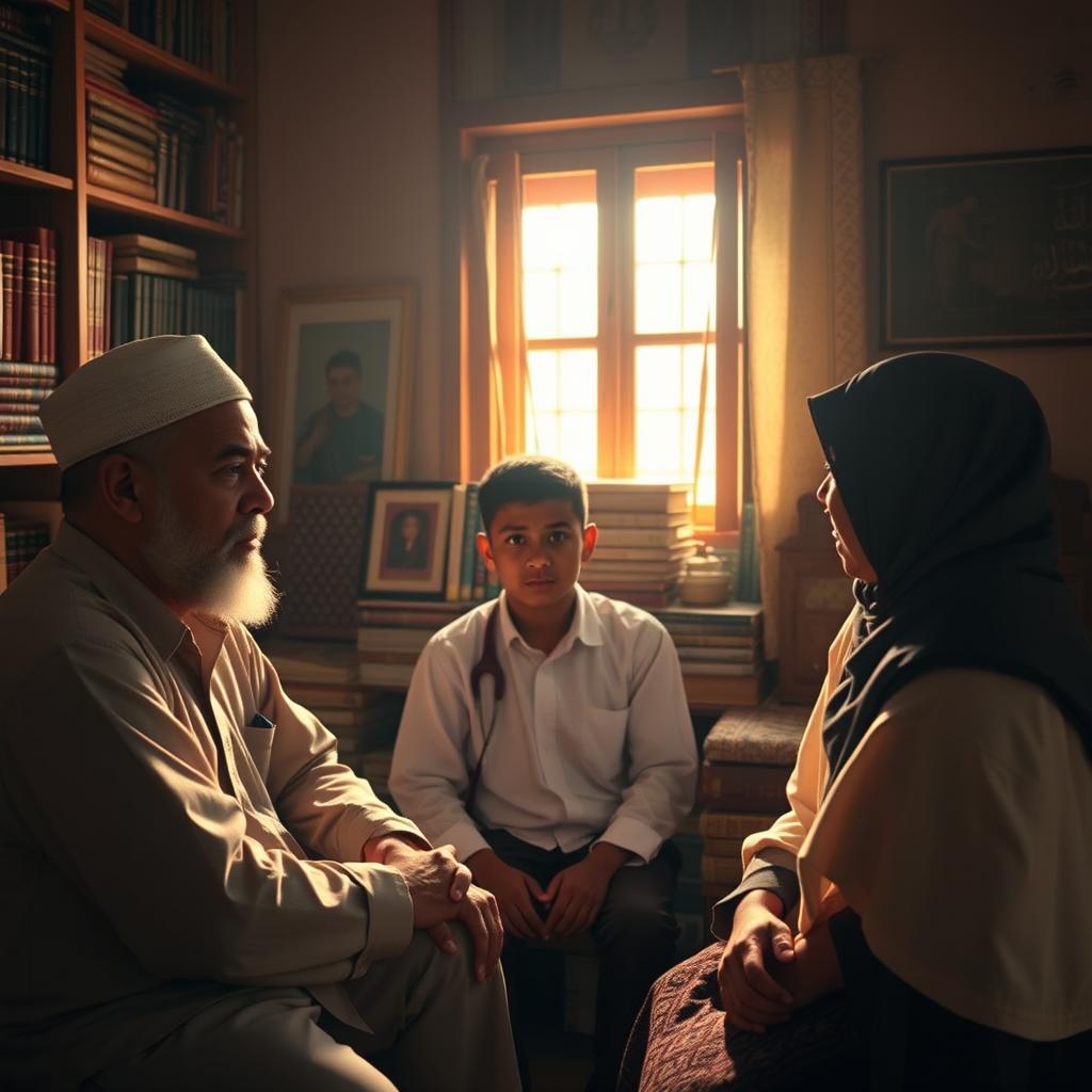 In a cozy, warmly lit room within the traditional Islamic boarding school, Qafsa sits across from his parents, who exhibit expressions of concern and disappointment as they struggle to understand his desire to leave the familiar world of religious knowledge