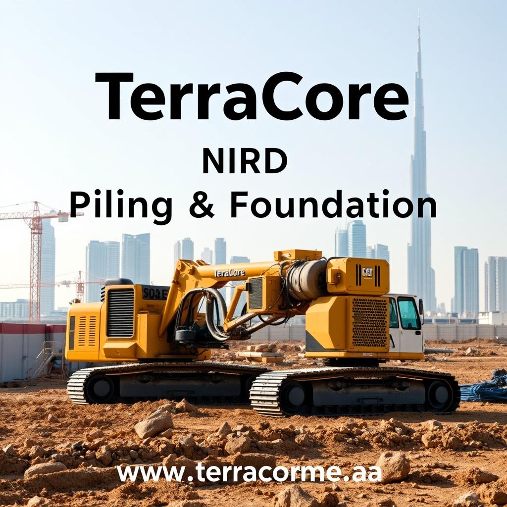 A high-quality cover image for an A4-sized brochure, showcasing a recent project involving NDRC (Non-Destructive Rock Cutting) HDD (Horizontal Directional Drilling) works at a construction site in Dubai