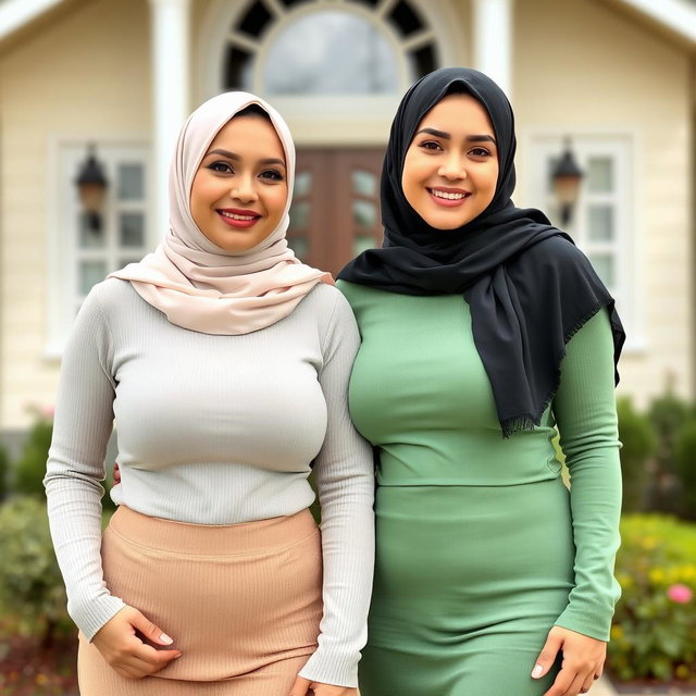 Two beautiful women in their mid-thirties wearing hijabs, with stunningly large and attractive breasts, size 36