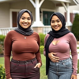 Two beautiful women in their mid-thirties wearing hijabs, with stunningly large and attractive breasts, size 36
