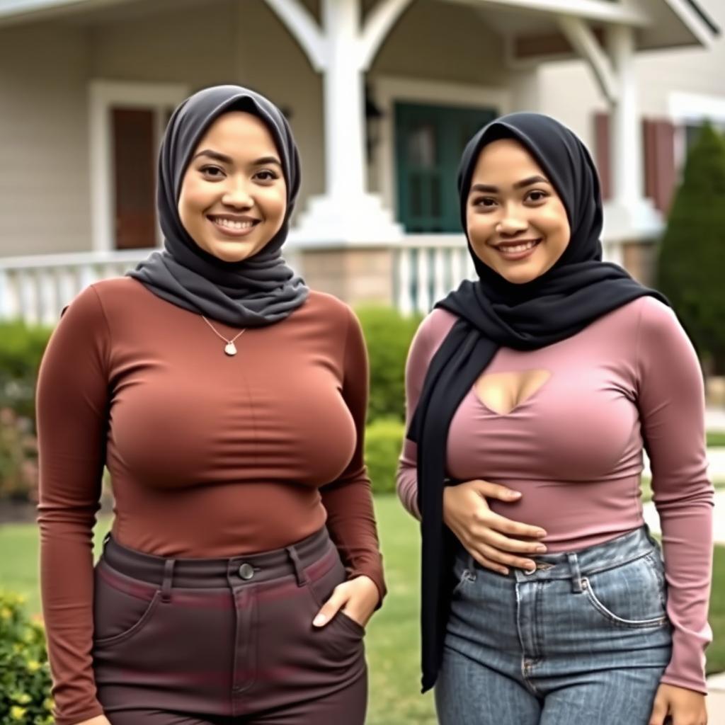 Two beautiful women in their mid-thirties wearing hijabs, with stunningly large and attractive breasts, size 36